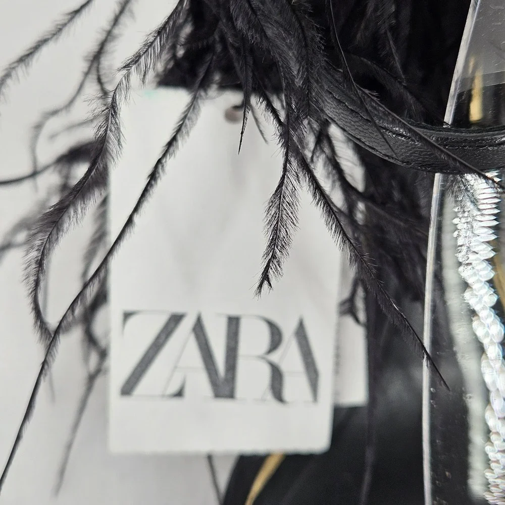 Zara Black Feather Trim Gold Block Heel Sandals Wrap Ankle Strap Womens 6 NEW‎ - Picture 7 of 9